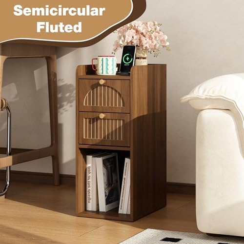 9.84" Narrow Nightstand Set of 2, Fluted Slim Bedside Table with 2 Drawers, Mid Century Modern Small End Table with Gold Metal Handles, for Bedroom, Living Room & Small Spaces - Walnut
