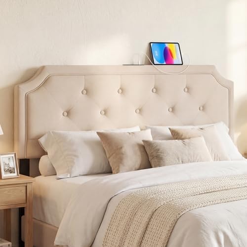 KOMFOTT Upholstered Headboard with Charging Station for Full & Queen Size Bed Frame, Tufted Button Bed Headboard with Solid Rubber Wood Legs, Headboard with Adjustable Width, Beige
