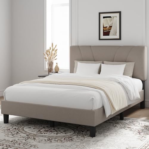 Novilla Full Size Bed Frame with Adjustable Headboard Platform Full Bed Frame with Linen Fabric Upholstered Headboard, No Box Spring Needed, Noise-Free, Wooden Slats Support, Easy Assembly, Beige