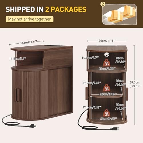 RALGEND Narrow End Table Set of 2 with Charging Station and Storage Shelf