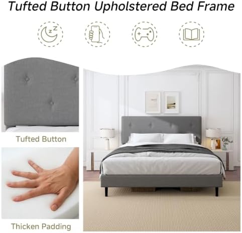 Full Size Linen Bed Frame with Adjustable Headboard Grey