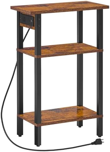HOOBRO Narrow Side Table, 3-Tier Slim End Table with Charging Station, Skinny Nightstand with Open Storage, for Small Spaces, Living Room, Bedroom, Study, Rustic Brown and Black BF340UBZ01