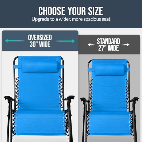 Best Choice Products Set of 2 Extra Wide Adjustable Steel Mesh Zero Gravity Lounge Chair Recliners w/Pillows and Cup Holder Trays - Light Blue