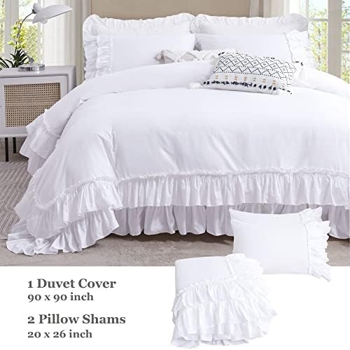 Ruffle White Duvet Cover Queen Size -Washed Cotton Shabby Farmhouse Ruffled Bedding Comforter Cover 3 pcs Aesthetic French Country Queen Duvet Cover Cotton Extra Soft and Breathable