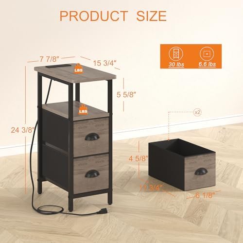 sthmec Narrow End Table with Charging Station, Narrow Side Table with 2 Fabric Drawers, LED End Table, Slim Nightstand with LED Light, Small Side Table for Small Spaces, Living Room, Bedroom, Grey