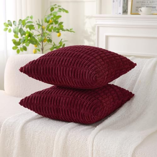 2 Pack Corduroy Decorative Throw Pillow with Inserts, 20x20 Inch Soft Boho Throw Pillow, Square Striped Throw Pillows for Couch, Bed, Sofa Decor (Burgundy)