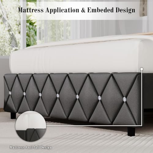 BarnFurin Queen Bed Frame with Diamond Tufted Headboard, Grey