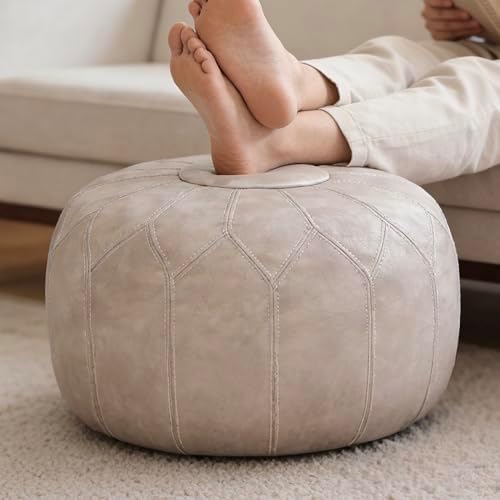 Thgonwid Round Unstuffed Pouf Cover, Faux Leather Storage Ottoman, Boho Moroccan Foot Stool, Multi-Purpose Home Decor for Living Room, Bedroom and Balcony, Mushroom Color, No Filling Included