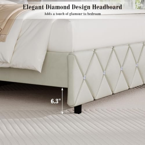 BarnFurin Twin Bed Frame with Diamond Tufted Headboard, Cream