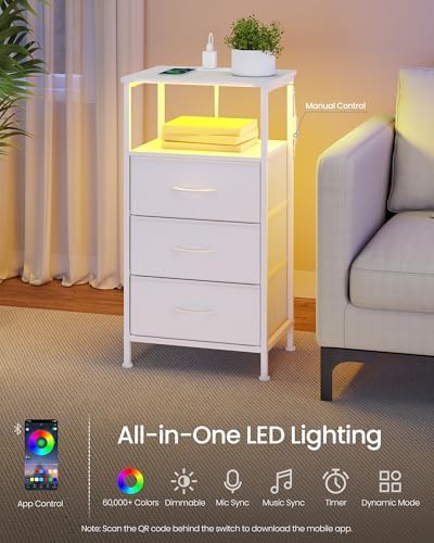 SONGMICS Nightstand with Charging Station, 3 Fabric Drawers