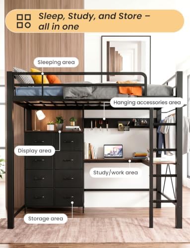 Full Metal Loft Bed with L-Shaped Desk and 8 Storage Drawers,Black