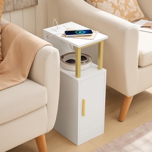 YATINEY Narrow Nightstand, Skinny Side Table with Charging Station, Bedside Table with Cabinet, Night Stand for Small Spaces, Bed Side Cabinet for Bedroom, Living Room, White and Gold ET27UDW
