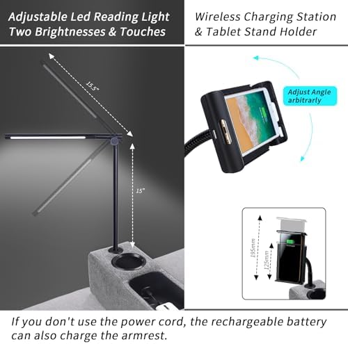 Removable Sofa Armrest with Cup Holder, PU Leather Multifunctional Couch Caddy Storage Arm Rest with Power Wireless Charging Stand & LED Reading Light for Sofa Middle Seat Adjustable