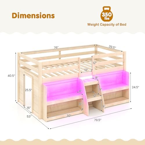 GIANTEX Low Loft Bed with LED Lights, Wooden Twin Loft Bed with Stairs & Safety Guardrail, Loft Bed Twin Size with Storage Bookcase and Under-Bed Play Space, Loft Bed for Kids (Natural)