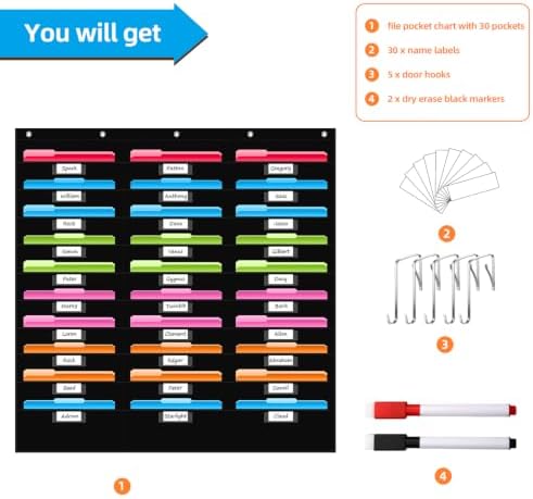 30 Pockets File Storage Pocket Chart with 30 Nametag Pockets, Hanging Wall File Organizer for Classroom and Office, Organize Your Assignments, Files, Scrapbooks, Paper (Black-30 Pockets)