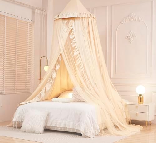 Mengersi Bed Canopy for Girls Kids,Double Canopy Bed Curtains Round Dome Mosquito Net Castle Play Tent Castle for Girls Room Decor (Ivory/Double)