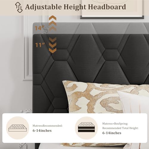 King Bed Frame with Adjustable Headboard, Upholstered Bed Frame, Grey