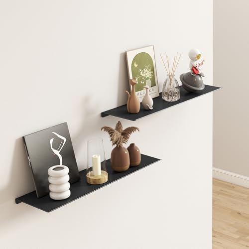MKO 16" Floating Shelves for Wall, Long Metal Wall Mounted Shelf for Bathroom, Bedroom, Living Room, Kitchen, Display Hanging Shelves for Books/Storage/Room Decor 2 Packs, Black
