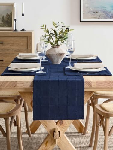 ZeeMart Linen Checked Farmhouse Table Runner, 13x90 Inches Navy Blue