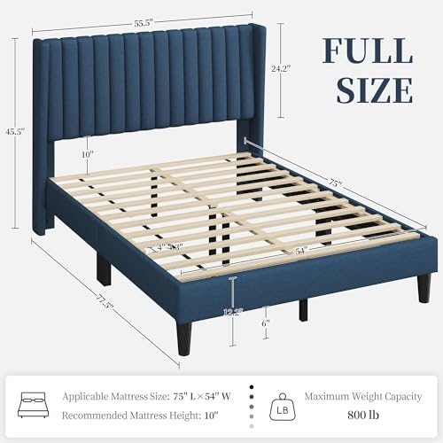 Yaheetech Full Bed Frame with Headboard, Navy Blue Channel-Tufted Platform