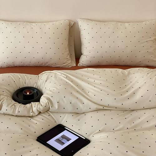 Polka Dot Full Duvet Cover, 3 Piece 100% Cotton Jersey Knit Beige Comforter Cover, Soft Vintage Aesthetic Minimalist Bedding Set with Zipper & Corner Ties