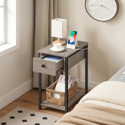 HOOBRO End Tables Living Room, Narrow Side Table with Charging Station, 3-Tier Small Bedside Table with Drawer, Storage Shelves, for Small Spaces, Bedroom, Greige and Black BG041BZ01G1