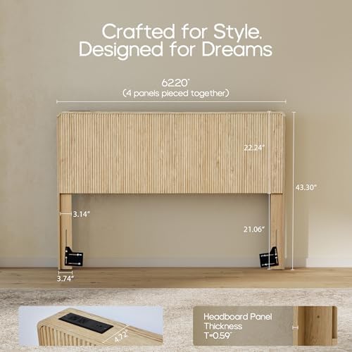 Wood Headboard Queen Size, Simple Setup Wooden Queen Headboard Only, Modern Farmhouse Headboards with 2 Outlets and USB & Type C Port, Boho Wall Mounted Headboard for Bedroom (Nature)