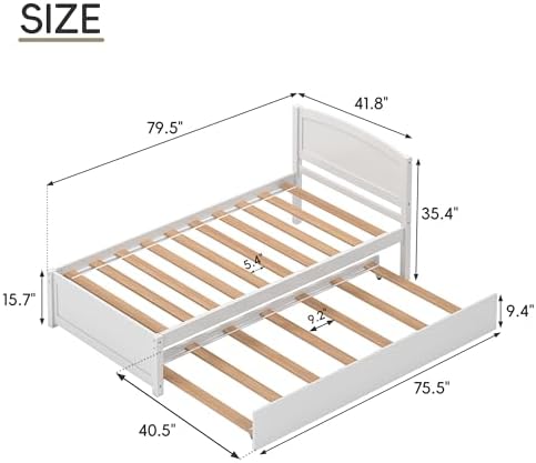 Twin Trundle Bed, Solid Wooden Pull Out Bedframe, Extendable Day Bed with Headboard and Soild Wood Slats Support, Bedroom, Living Room, Guest Room, No Box Spring Needed (White)