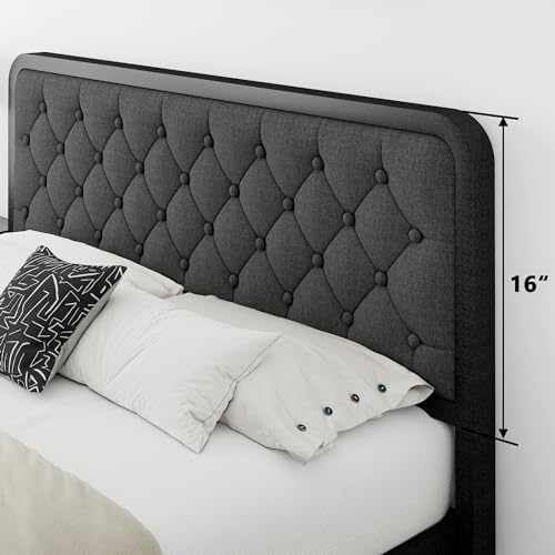 Einhomn Queen Size Bed Frame with Linen Tufted Headboard, Heavy Duty Metal Platform Bed Frame with U-Shaped Foundation, 12" Underbed Space, Noise Free, No Box Spring Needed, Easy Assembly, Dark Grey