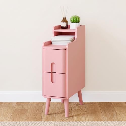 Narrow Nightstand Skinny End Bedside Table with 2 Drawers (Pink-1 pc)