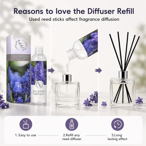 Reed Diffuser Oil Refill Wild Bluebell, Floral Diffuser Refill Home Fragrance for Bathroom Shelf Decor 200ml