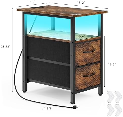 Vagusicc Set of 2 Nightstand with Charging Station and LED Lights, Narrow Side Table, LED Night Stand with 2 Fabric Drawers, Bedside Table Small End Table, Tall Nightstand for Bedroom, Rustic Brown