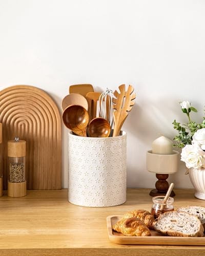 MALACASA LYDIA Ceramic Utensil Holder, 7.3"+5.5" Kitchen Utensil Crock Set for Countertop, Large & Small Utensil Organizers for Cooking Tools, Five-Leaf Grass Pattern