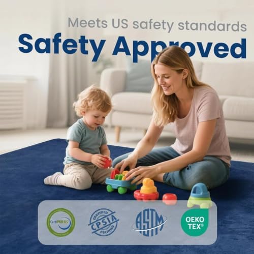 Huloo Sleep Baby Play Mat for Floor,1.3" Thick Memory Foam Tummy Time Mat,Soft Coral Velvet Nursery Rug,Extra Large Non Slip Crawling Mats for Living Room(Dark Blue)