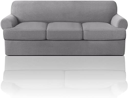PrinceDeco T Cushion Sofa Slipcover 4 Pieces Sofa Covers for T Cushion Couch Soft Sofa Slip Covers Furniture Protector with 3 Individual T Shape Seat Covers (70"-88") Washable, Dove