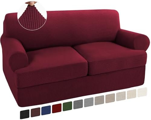 Turquoize 3 Piece T Cushion Loveseat Slipcovers Sofa Cover for 2 Cushion Couch Cover Washable Sofa Slipcover Furniture Covers with 2 Individual T Cushion Seat Covers (2 Cushion Loveseat,Burgundy)