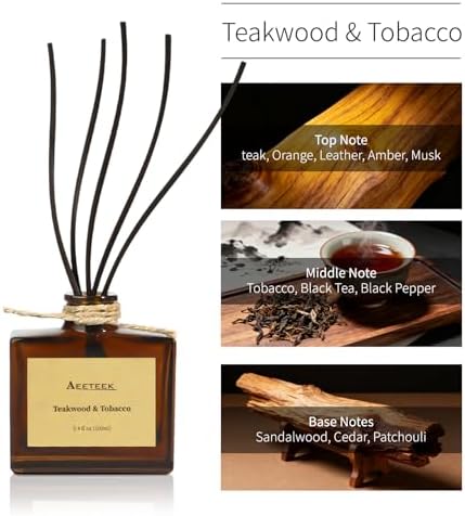 Reed Diffuser, Teakwood & Tobacco Essential Oil Diffuser with Dried Flowers, 3.4 oz Musk Scented Oil, Handmade Home Decor Air Freshener, Long-Lasting Room Scent for Office, Bathroom