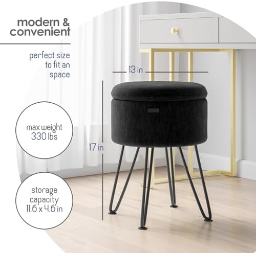 Round Ottoman with Storage, Textured Velvet Storage Ottoman, Foot Stool Ottomans, Makeup Vanity Stool, Small Ottomans Foot Rest, Modern Vanity Stools for Living Room and Bedroom, Black