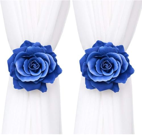Magnetic Curtain Tiebacks, Rose Flower Tie Backs Rope for Curtains, Elegant 4 Pack Decorative Holdbacks Holders, Home Decor Thin or Sheer Window Drapries Bed Canopy (Blue)