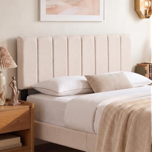 GIANTEX Linen Upholstered Headboard, Adjustable Width Vertical Channel Tufting Headboard Only with Solid Wood Legs, Attach Frame, Rectangular Headboards for Queen Full Bed, Beige