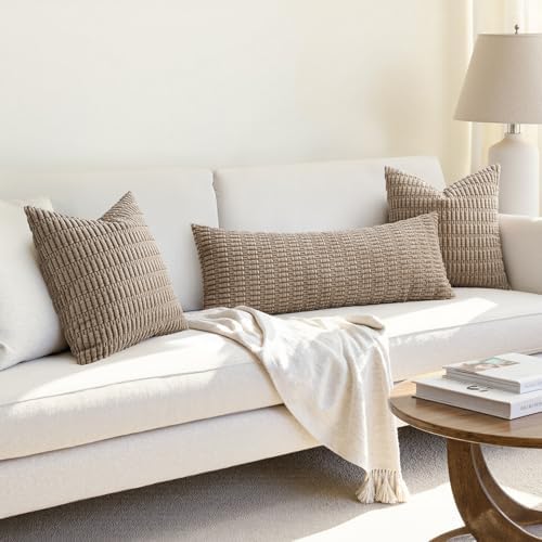 MIULEE Lumbar Corduroy Throw Pillow Cover for Bed 14x36 Light Brown