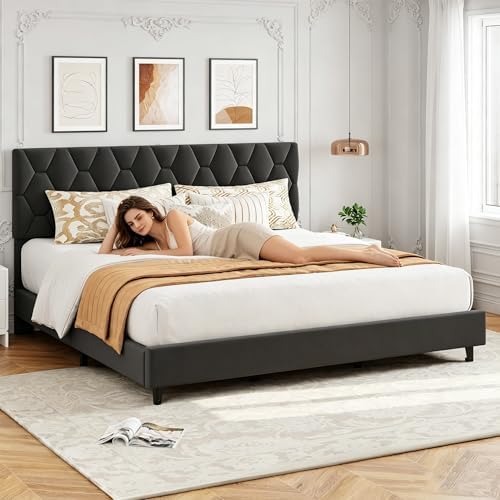 King Bed Frame with Adjustable Headboard, Upholstered Bed Frame, Grey