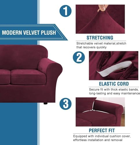 H.VERSAILTEX Velvet 4 Piece High Stretch Sofa Slipcover Cover Furniture Protector Form Fit Thick Velvet Extra Large Sofa Cover for 3 Cushion Couch Width Up to 105 Inch(XL Sofa, Wine/Burgundy)