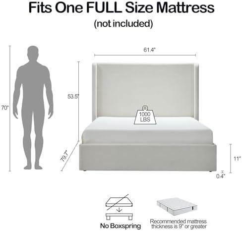 Full 53.5" Tall Headboard Wingback Bed Frame Textured Ivory