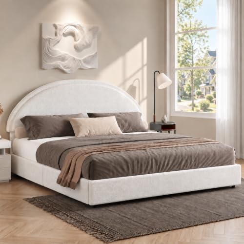 REVOMINCA King Size Bed Frame with Round Headboard, Boucle Upholstered Bed with Round Headboard, Soft Arch Shaped Modern Style, No Box Spring Required, Easy Assembly, White