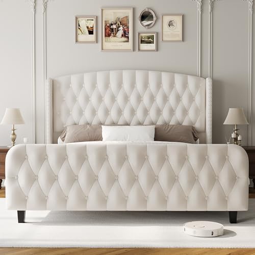 GarveeHome 51" Tall Queen Size Bed Frame with Wingback Headboard, Cream