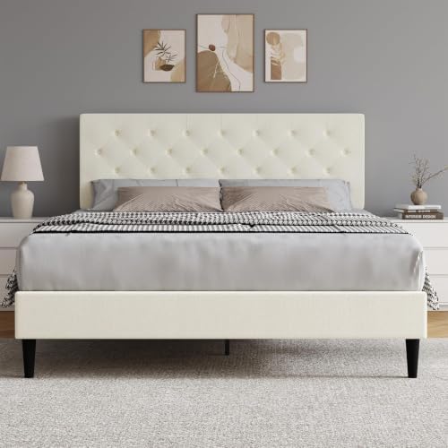 HOMBCK Queen Bed Frame with Adjustable Headboard, Cream