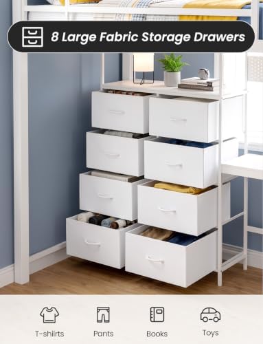 Twin Size Metal Loft Bed with L-Shaped Desk and 8 Storage Drawers,White