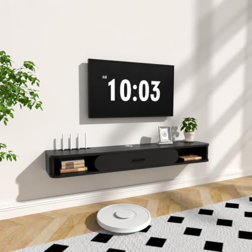 GHC Floating TV Stand, 55'' Wall Mounted TV Cabinet, Floating Shelves with Door, Media Console for DVD Player, Space-Saving Under TV Shelf for Bedroom & Living Room (Black)