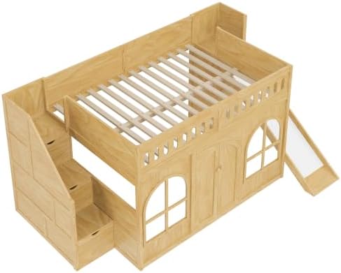 SOFTSEA Full Size Kids Loft Bed with Slide and Storage Stairs, Natural